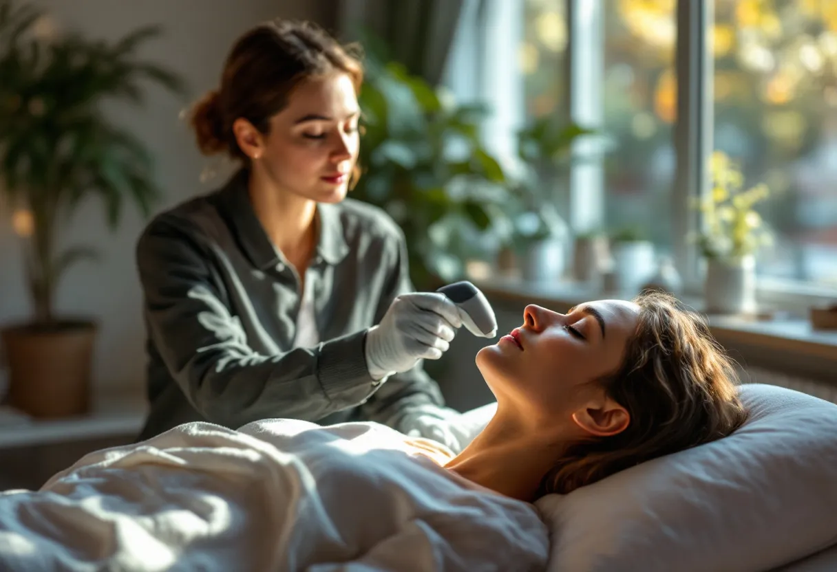 Een serene behandelkamer in Gent met een cliënt die ontspannen ligt terwijl een specialist een biostimulator op het gezicht aanbrengt, met zacht natuurlijk licht dat door het raam valt.