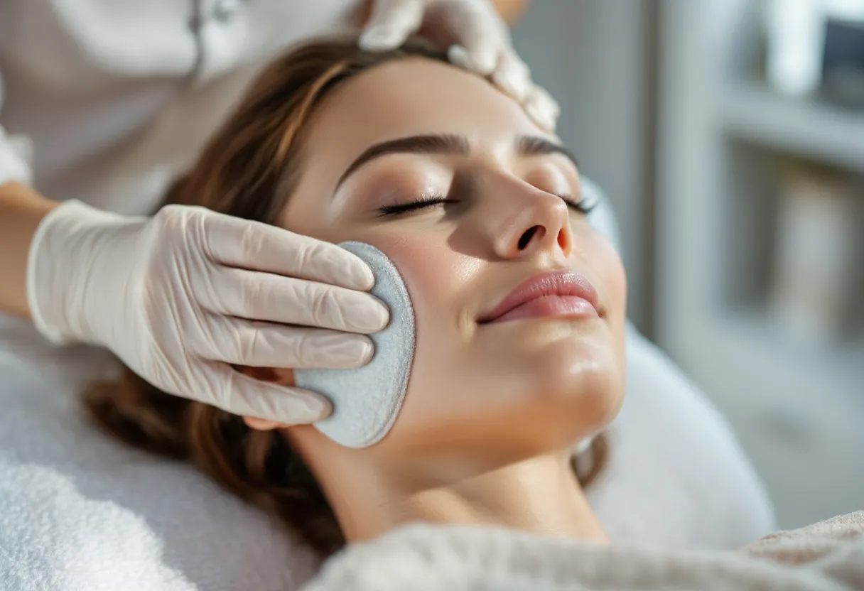 Close-up van een serenere vrouw die een collageen-stimulerende behandeling met een fijn huidverzorgingsapparaat ondergaat in een lichte, rustige Gentse kliniekruimte.