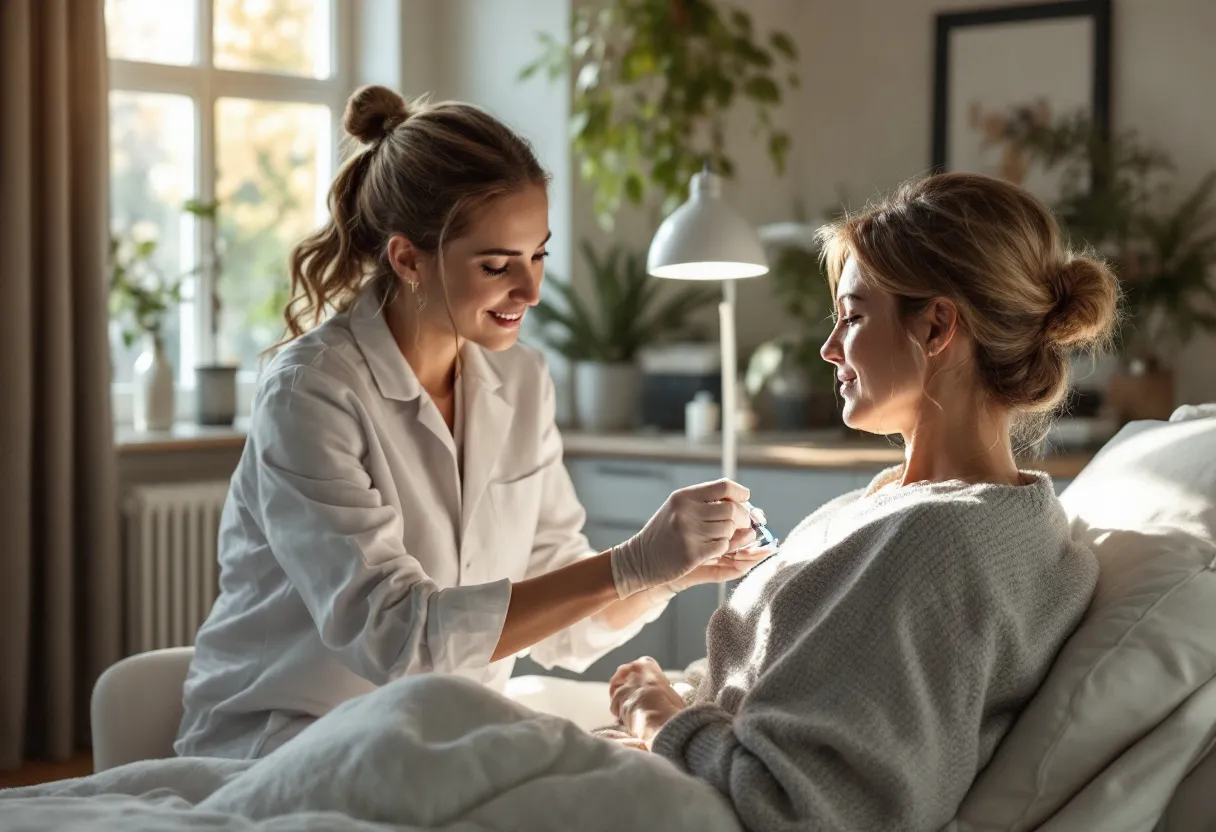 Een serene behandelkamer in Gent met een specialist die een biostimulator injectie klaarmaakt, terwijl zacht daglicht op de rustige omgeving valt.