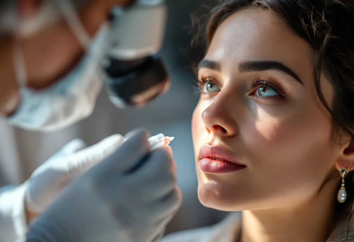 Een close-up van een serene vrouw met een stralende huid in een lichte behandelkamer in Gent, terwijl een arts een spuit met biostimulatoroplossing inspecteert naast een microscoop.