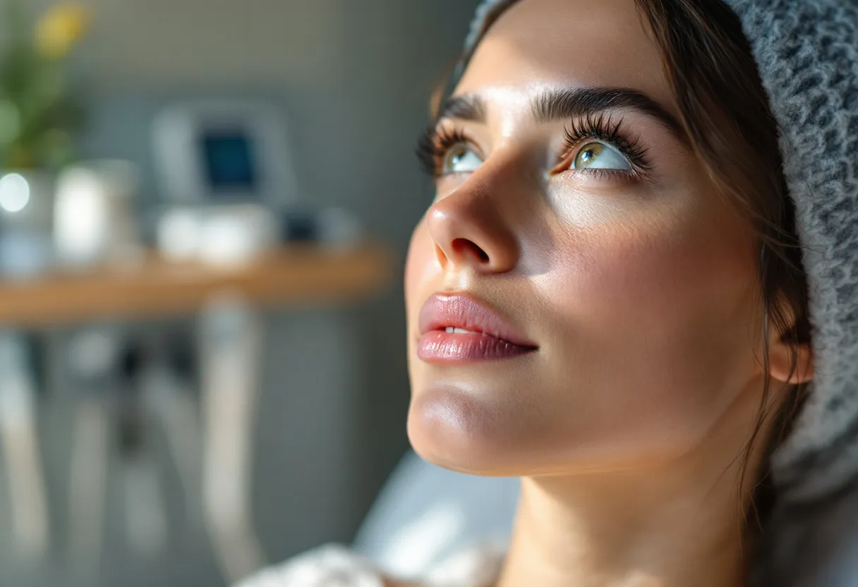 Een close-up van een stralende, egale huid van een vrouw in een serene behandelkamer in een Gentse kliniek, met natuurlijk licht en subtiele medische instrumenten op de achtergrond.