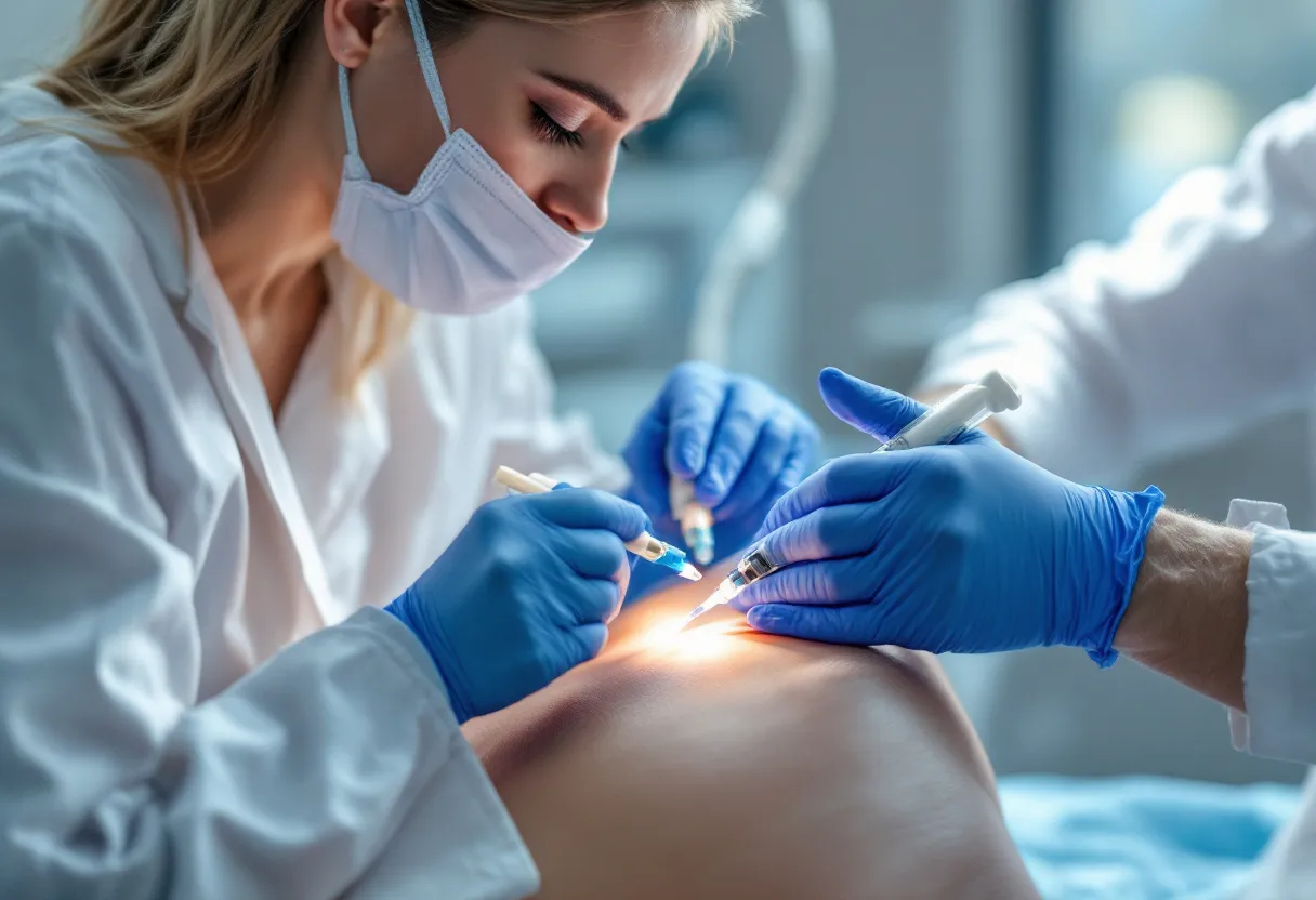 Een gedetailleerde close-up van een arts in een heldere, moderne behandelkamer die met precisie een biostimulator injecteert in de wang van een ontspannen vrouwelijke cliënt, terwijl daglicht zacht door het raam valt in een kliniek in Gent.