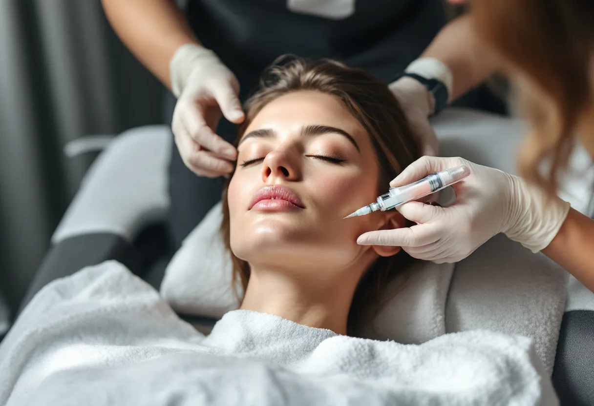 Een vrouw met een natuurlijke glow ondergaat een collageen-stimulerende injectiebehandeling in een lichte, moderne medische praktijk in Gent, terwijl ervaren handen de biostimulator toedienen.