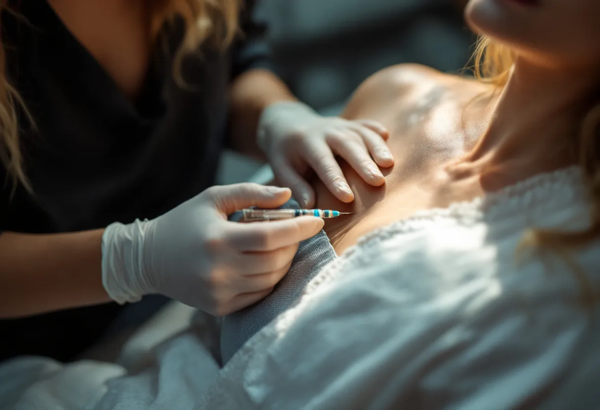 Close-up van een cosmetisch arts die een biostimulator-injectie toedient in de wang van een vrouw in een rustige behandelkamer met zacht daglicht.