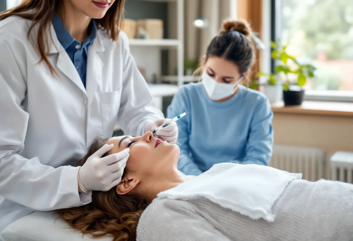 Een medische professional injecteert met precisie een biostimulator in de jukbeenderen van een vrouwelijke cliënt in een serene behandelkamer in Gent, met zachte, natuurlijke verlichting.