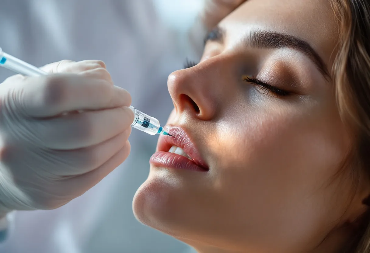 Een fotorealistische close-up van een medisch specialist in een Gentse kliniek die voorzichtig een collageen-stimulerende biostimulator injecteert in de jukbeenderen van een vrouwelijke cliënt, omringd door kalme, witte inrichting en zacht daglicht.