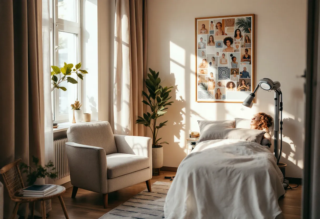 Serene behandelkamer in Gent met zacht daglicht, een comfortabele stoel en een collageenstructuur-poster aan de muur, klaar voor een huidverstevigende biostimulator sessie.